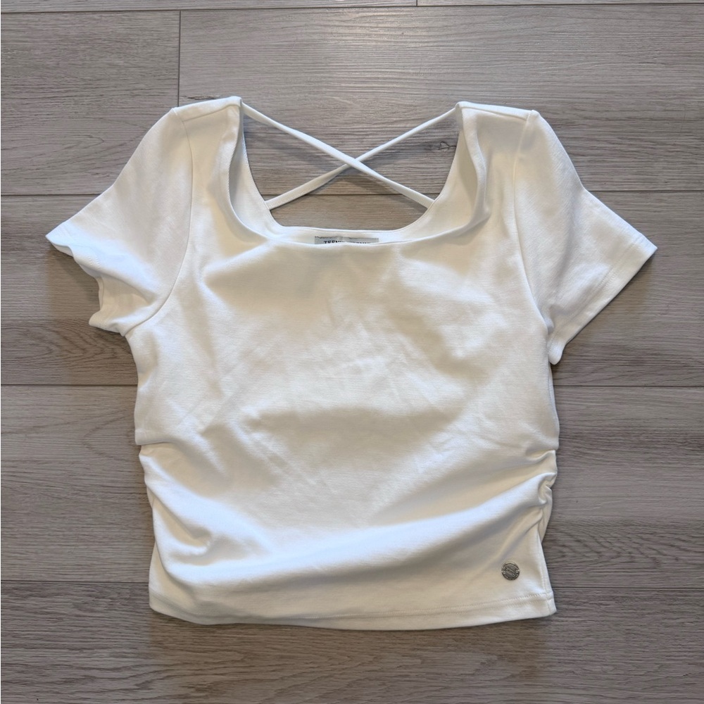 Teenie Weenie Top Sz L Womens Criss Cross Back Side Ruching Cropped Scoop Neck